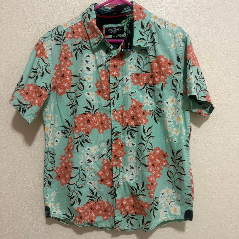 Eighty Eight Mens Floral Button Down Shirt‎ Mint Green Coral Short Sleeve Large